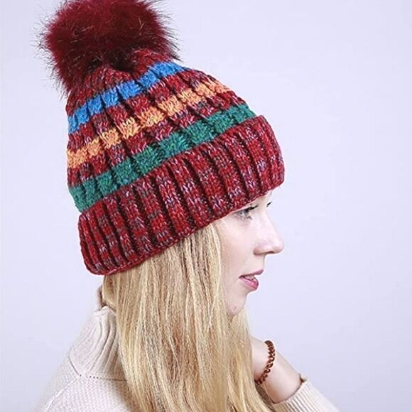 Knit Beanie Large Pompom Fleece - Lined NEW - Picture 3 of 3